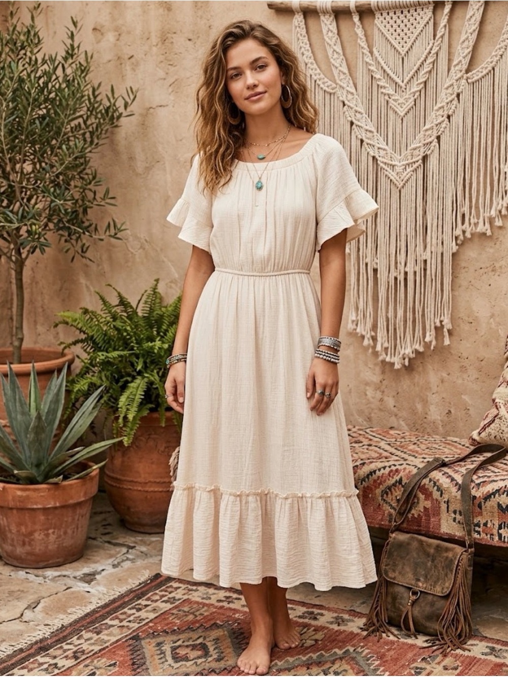 NANING9 Cream Off Shoulder Ruffle Sleeve Midi Cottagecore Prairie Dress Womens O